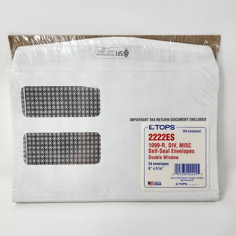 TOPS 1099 MISC, R & DIV Double Window Security Tint Self-Seal Envelopes (qty 24)